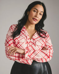 Cooling Stretch Cupro Button-Down Blouse - Red Plaid Print