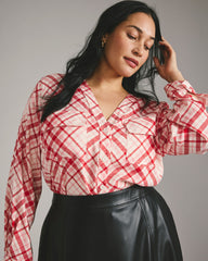 Cooling Stretch Cupro Button-Down Blouse - Red Plaid Print