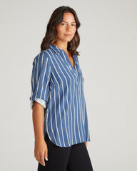 Button Back Stretch Cupro Polo Shirt - Ensign Blue/White Stripe