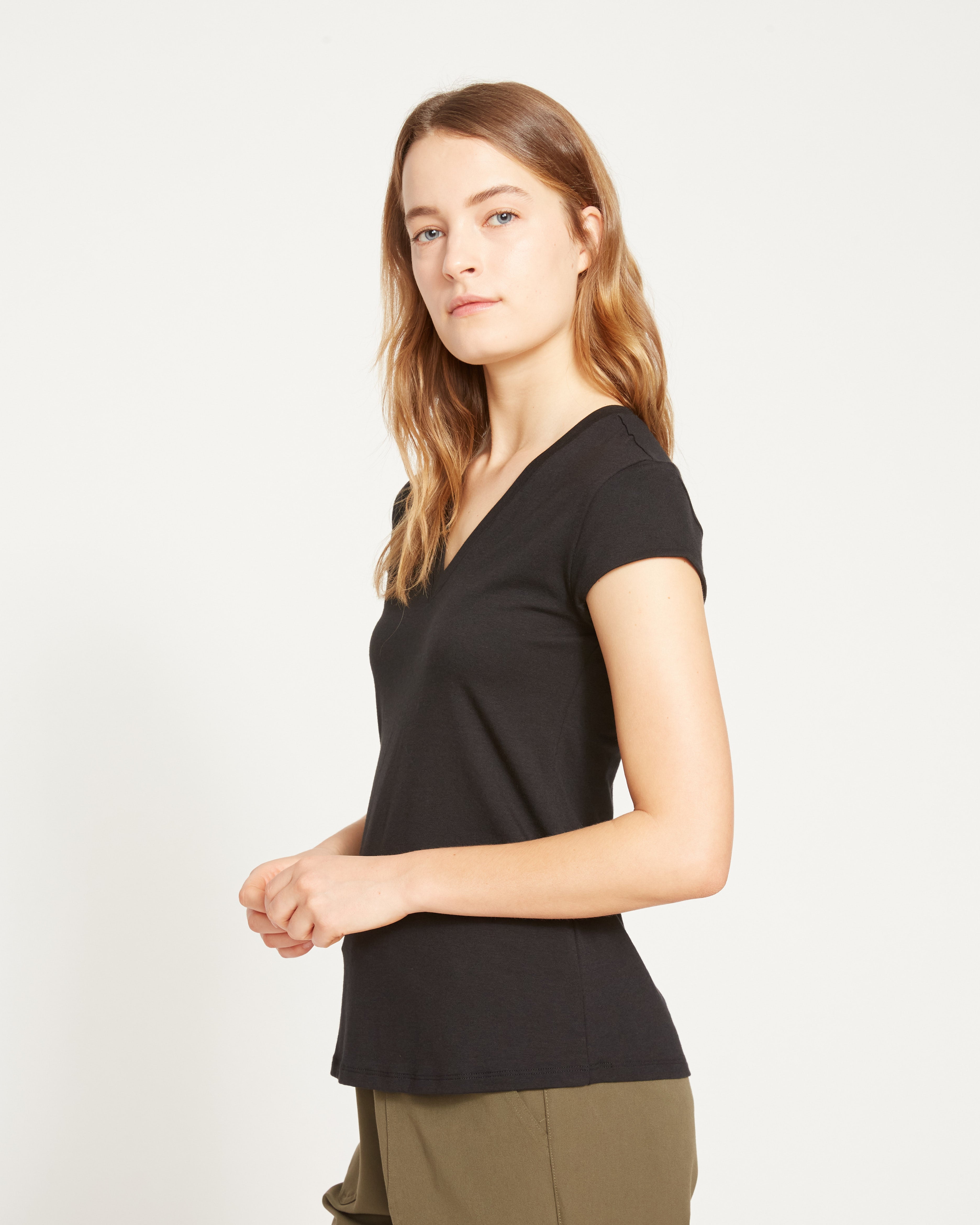 Ashley V Neck Cap Sleeve Tee - Black