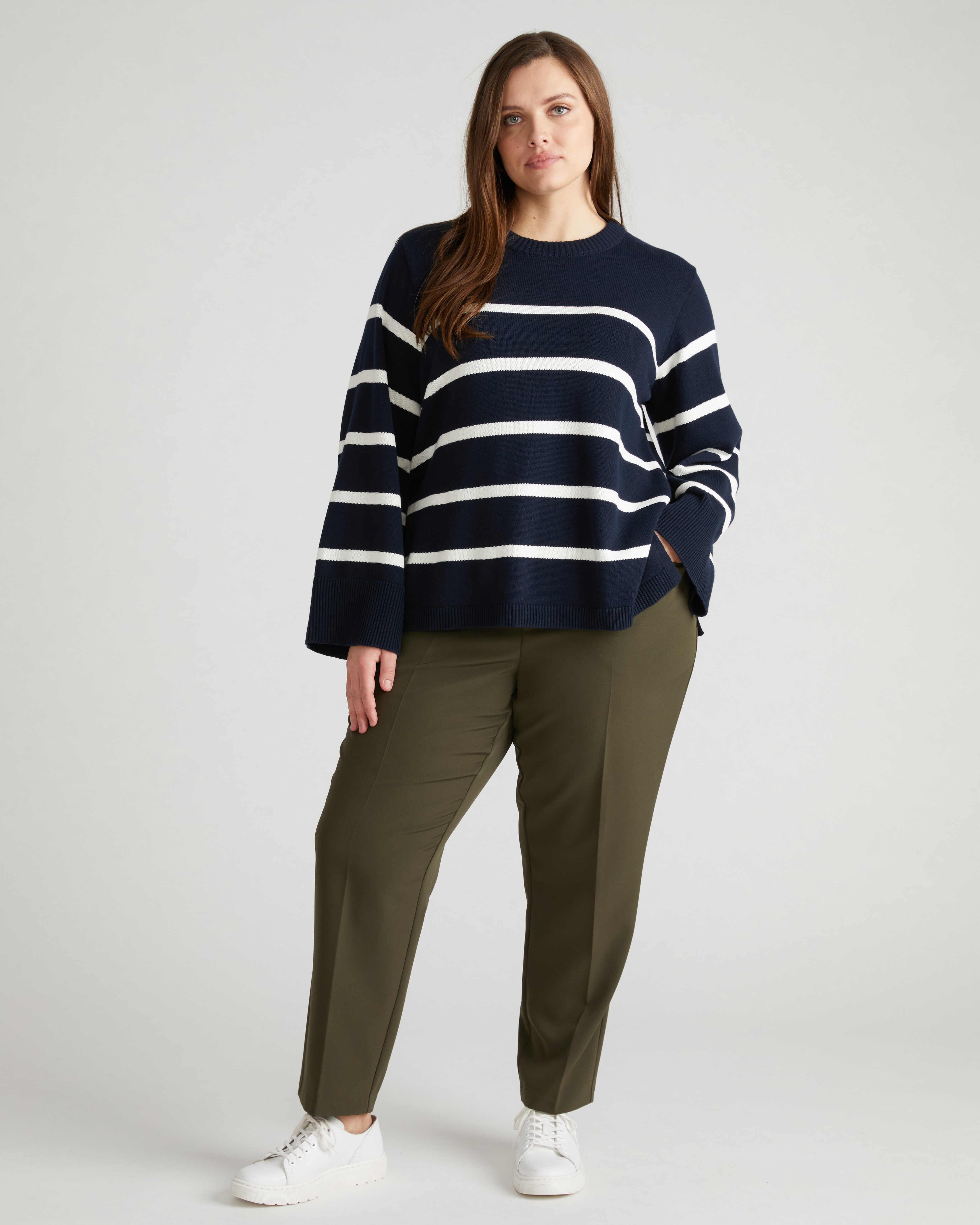 Bardot Wide Sleeve Cotton Sweater - Navy/White