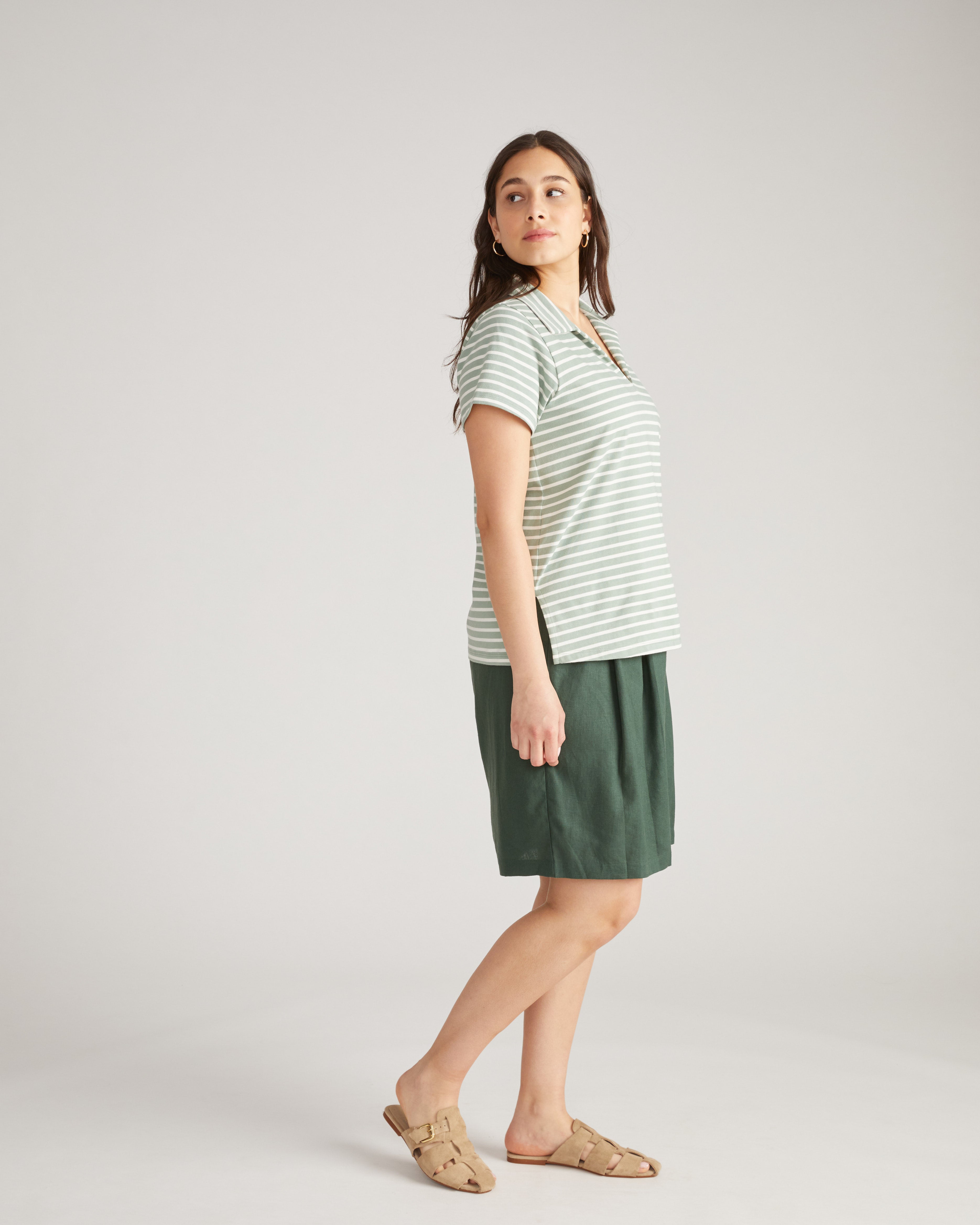 Cecile Breton Stripe Polo - Sage/Ecru Stripe