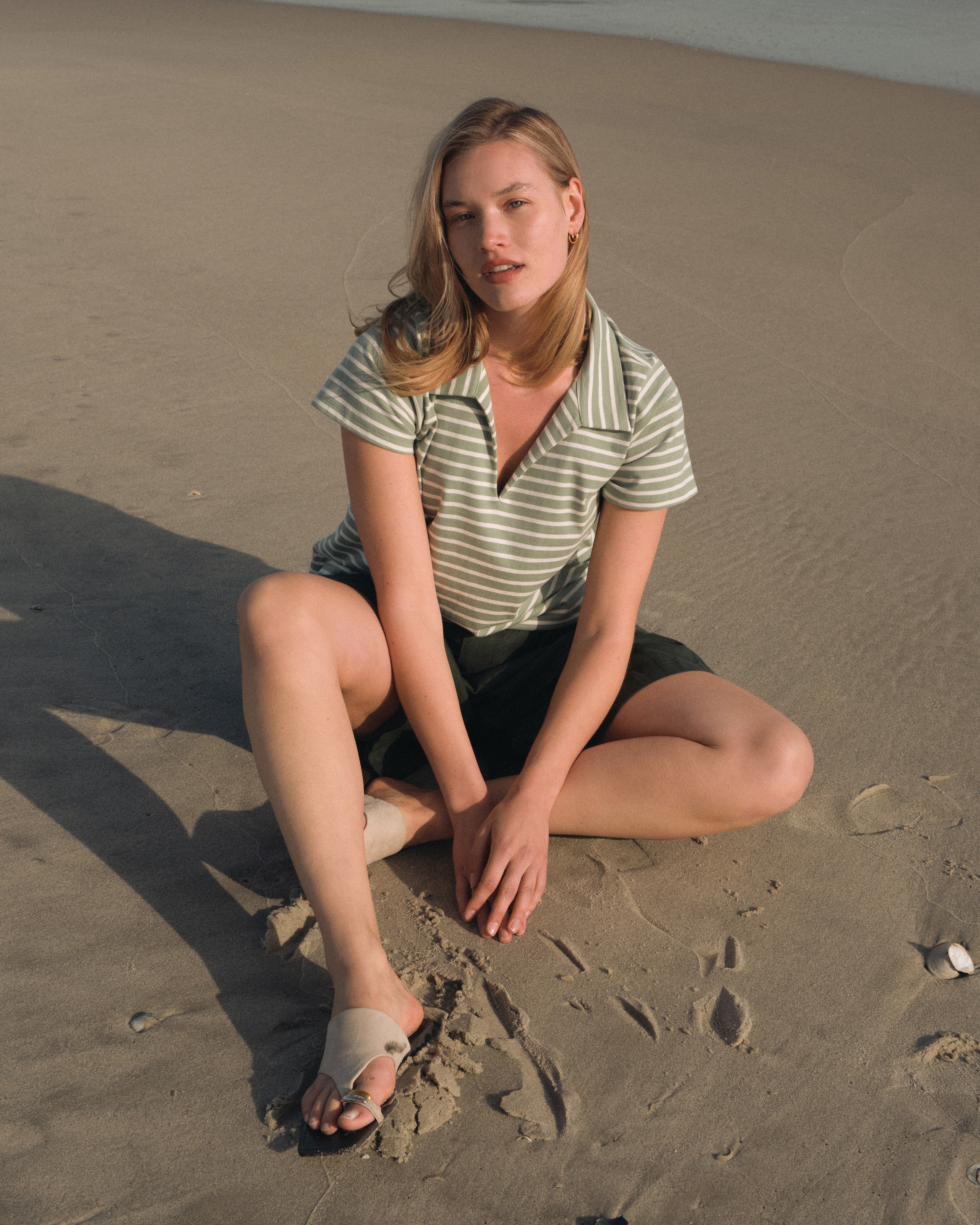 Cecile Breton Stripe Polo - Sage/Ecru Stripe