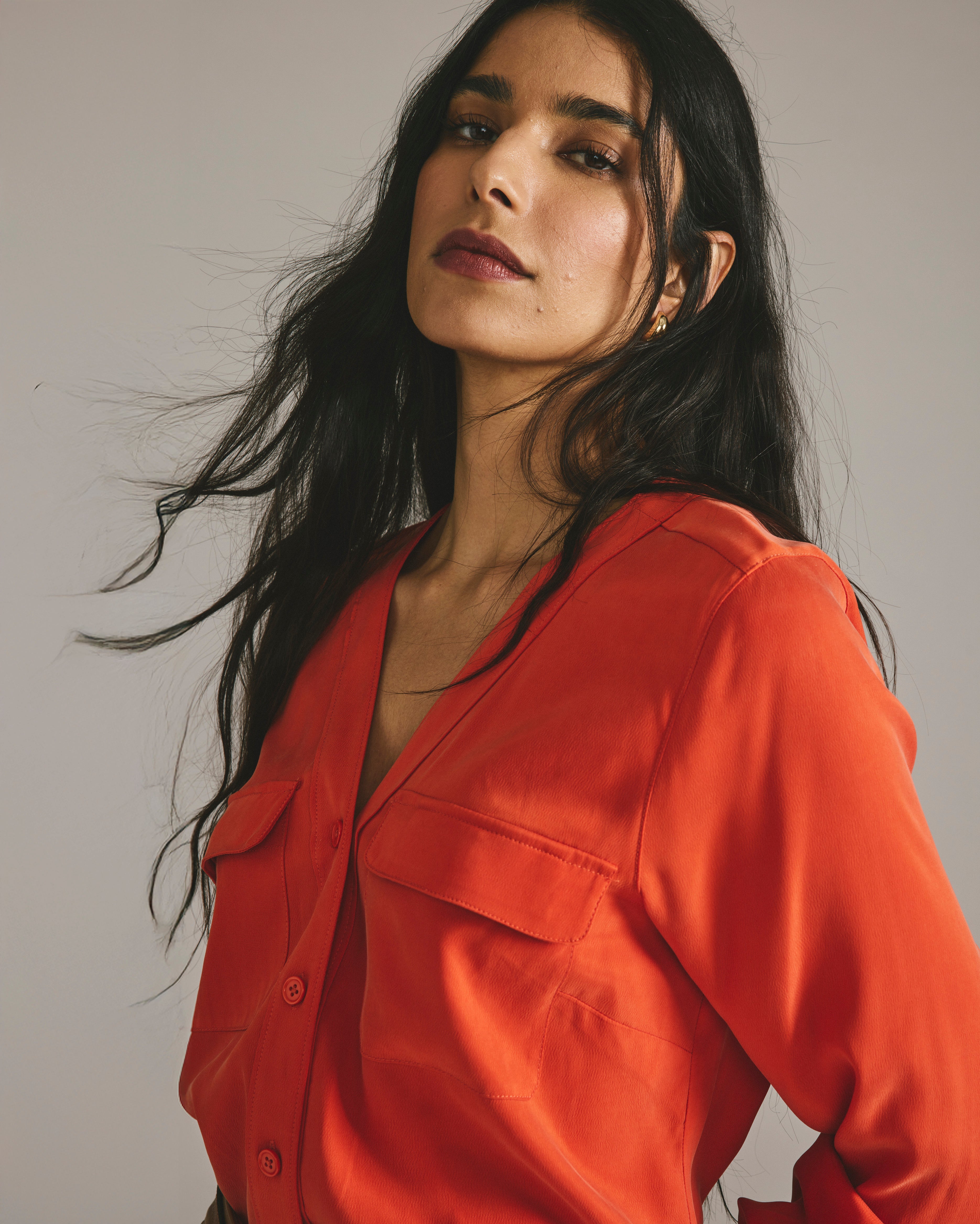 Cooling Stretch Cupro Button-Down Blouse - Orange Flame