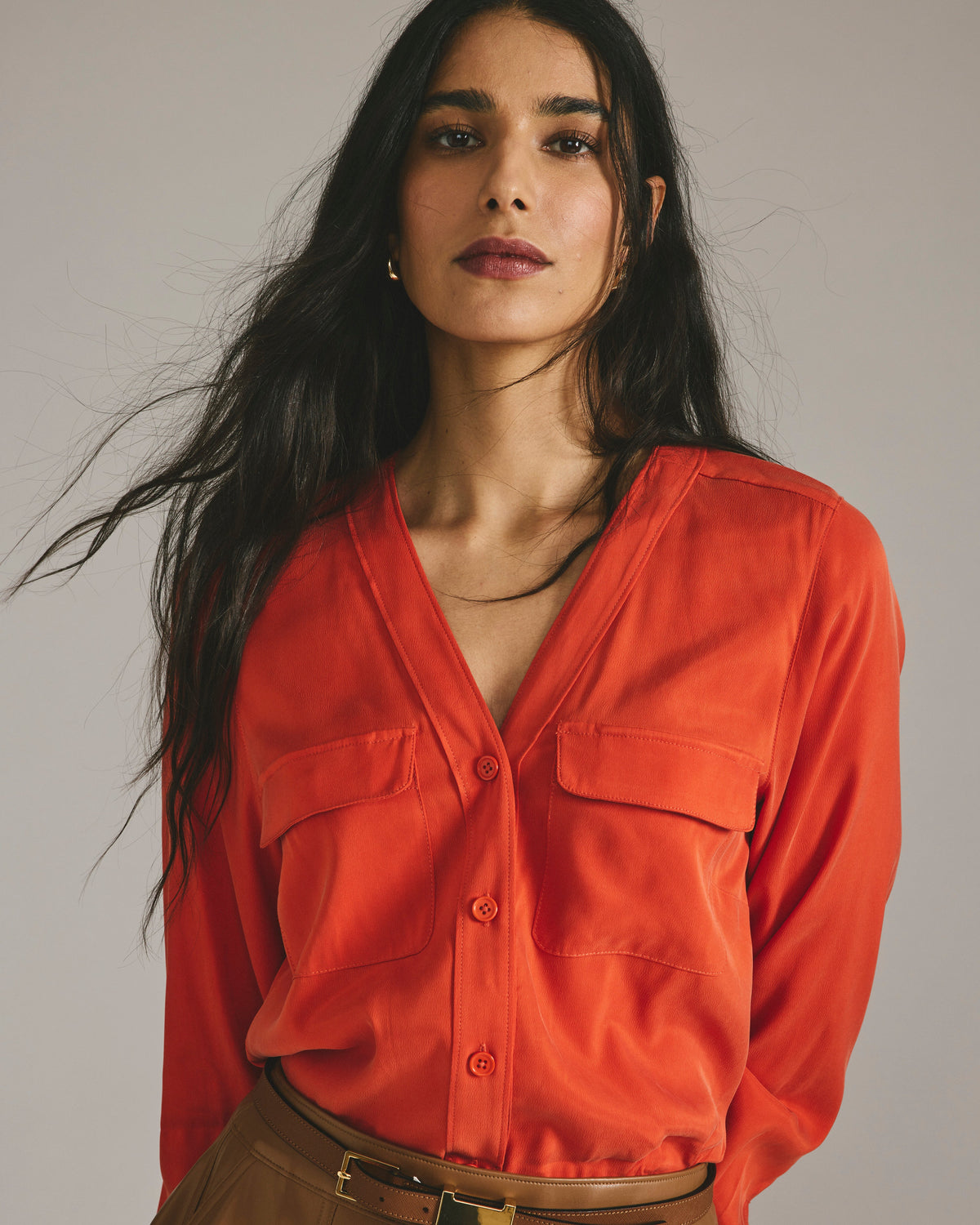 Cooling Stretch Cupro Button-Down Blouse - Orange Flame