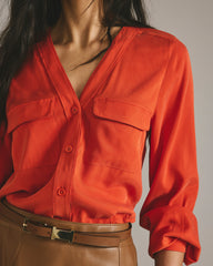 Cooling Stretch Cupro Button-Down Blouse - Orange Flame