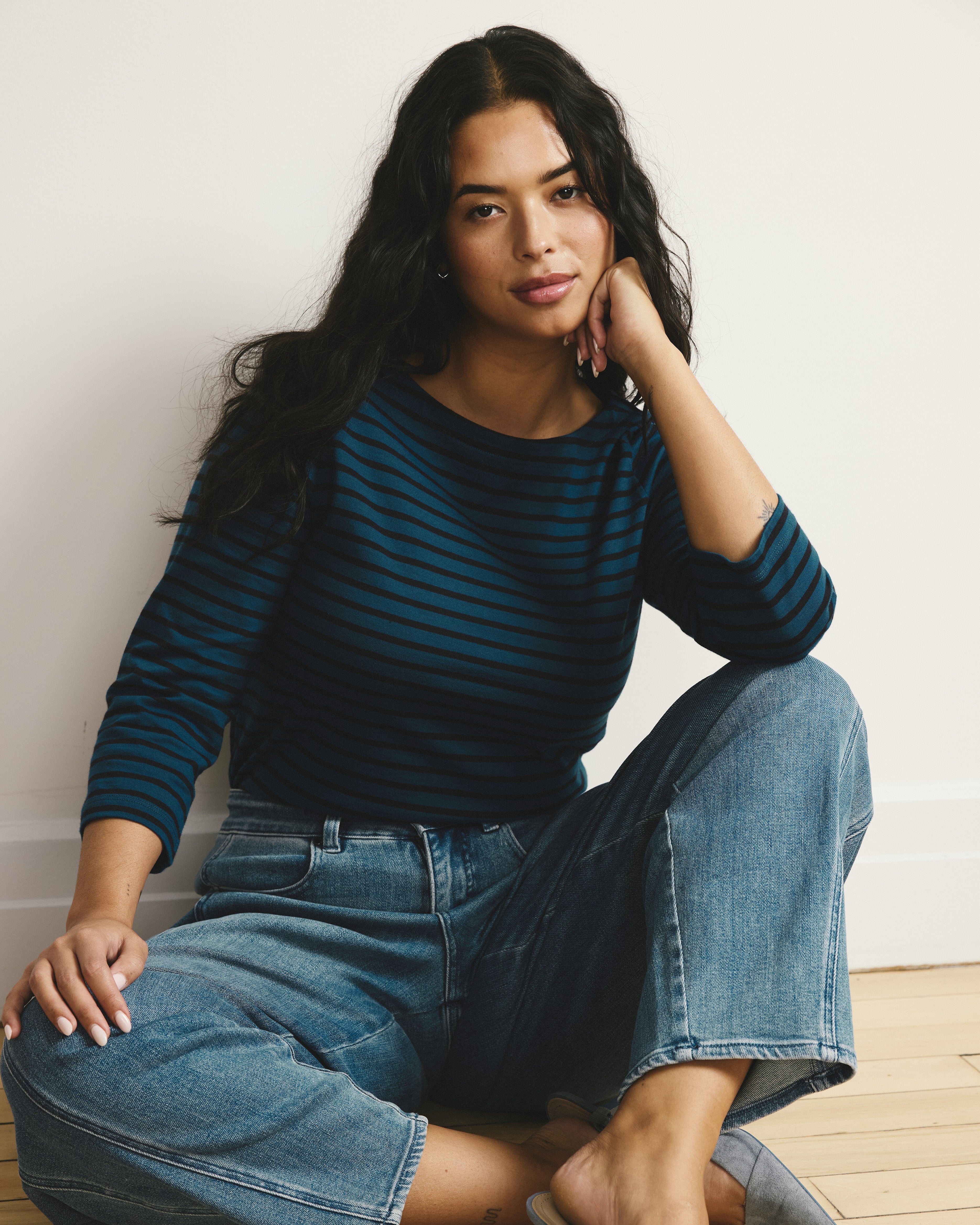 Belle Breton Stripe Jersey Tee - Deep Teal/Black Stripe