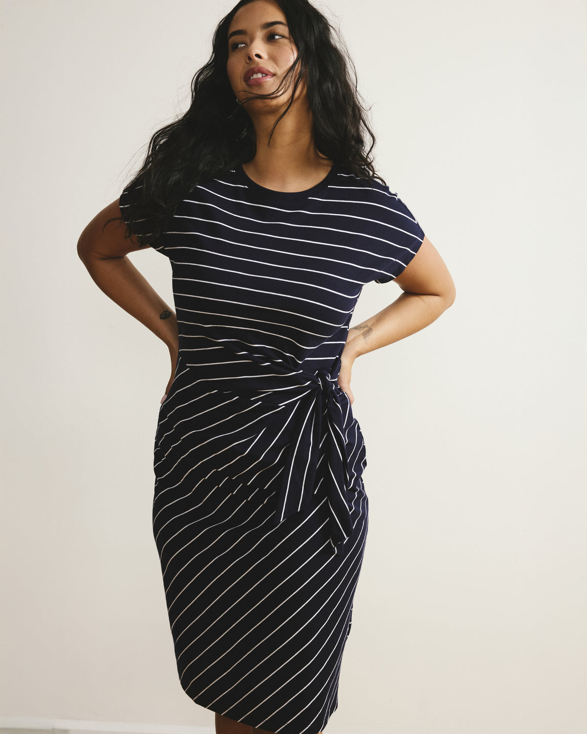 Crescent Breton Stripe Knot Dress - Navy Pinstripe