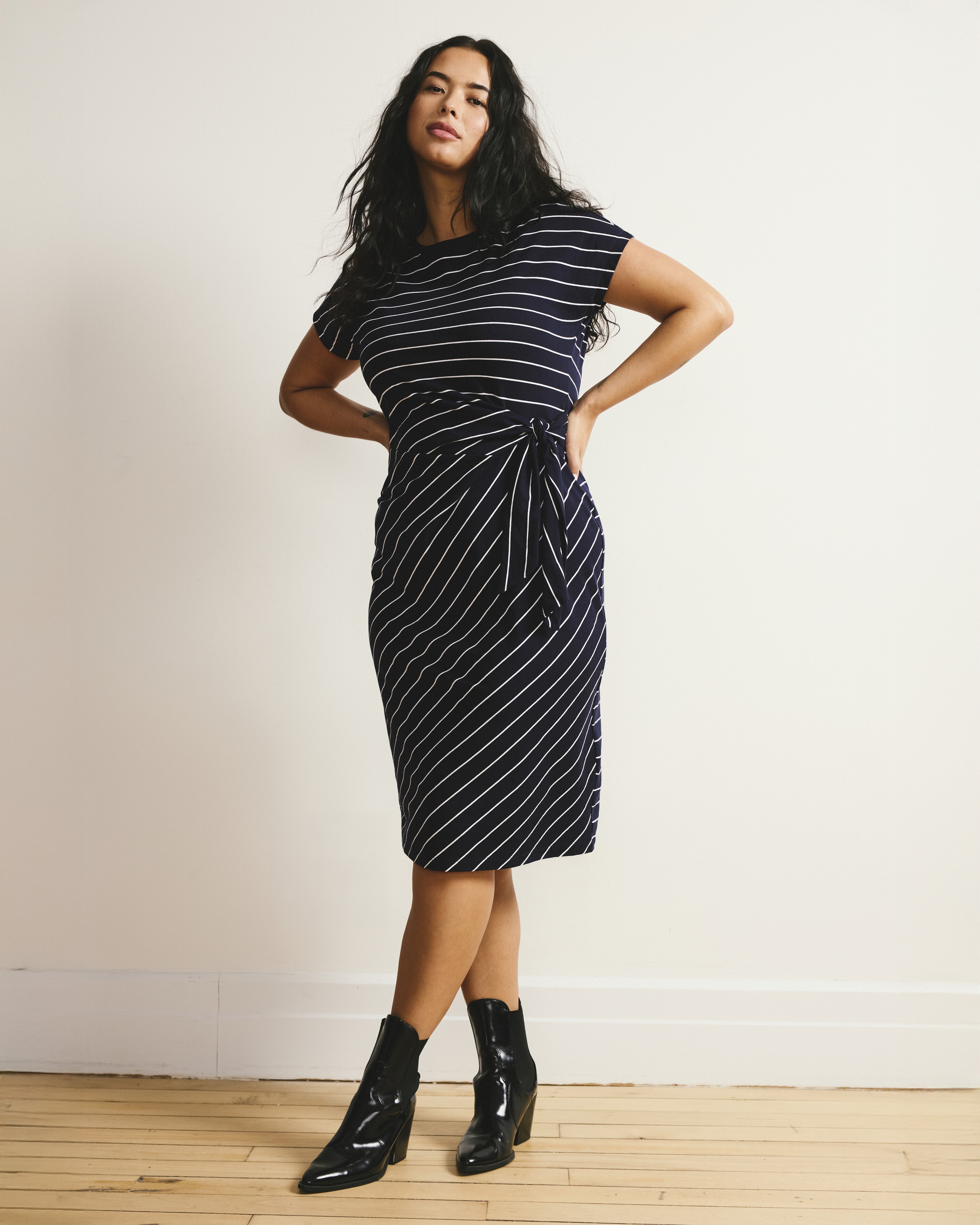 Crescent Breton Stripe Knot Dress - Navy Pinstripe