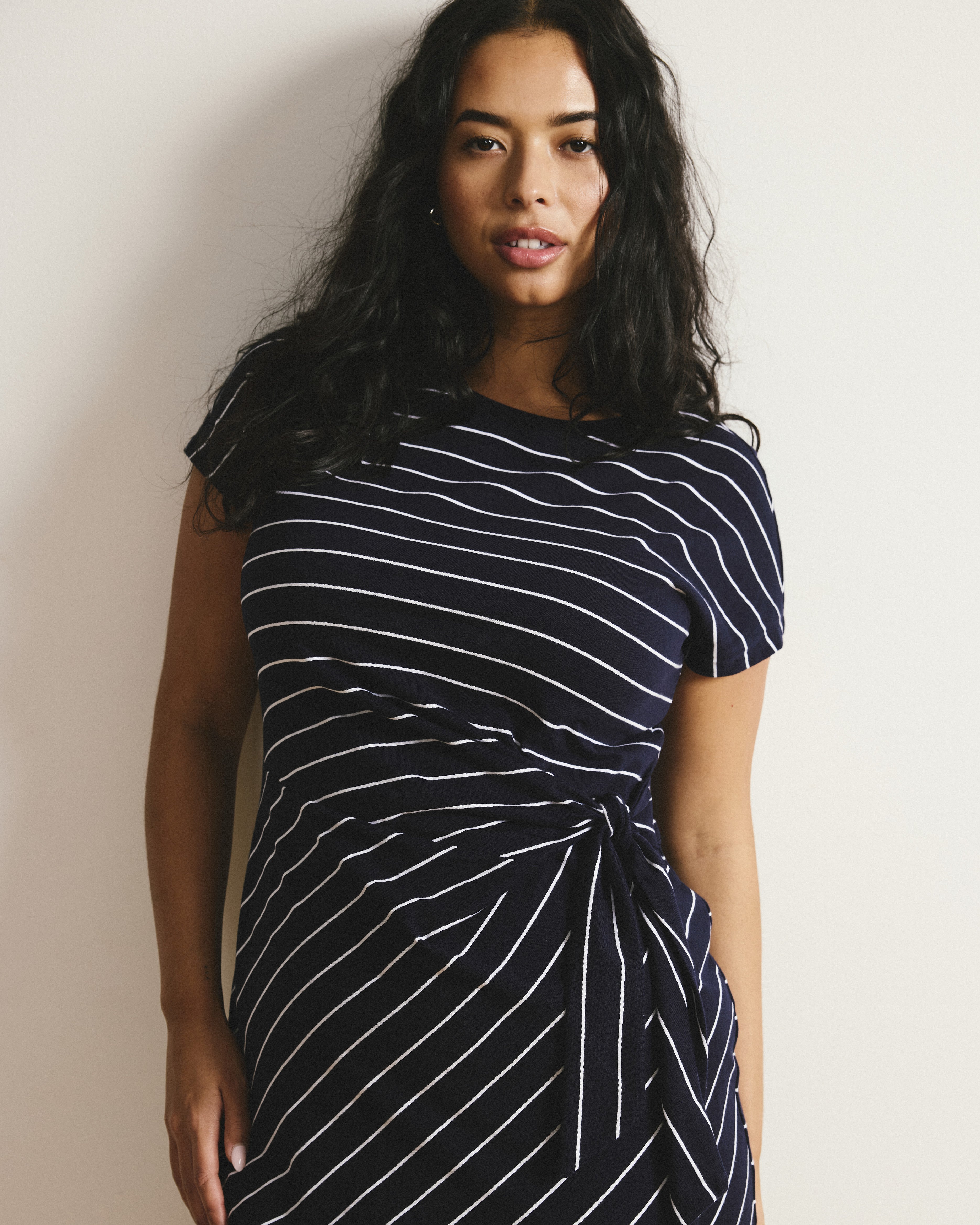 Crescent Breton Stripe Knot Dress - Navy Pinstripe
