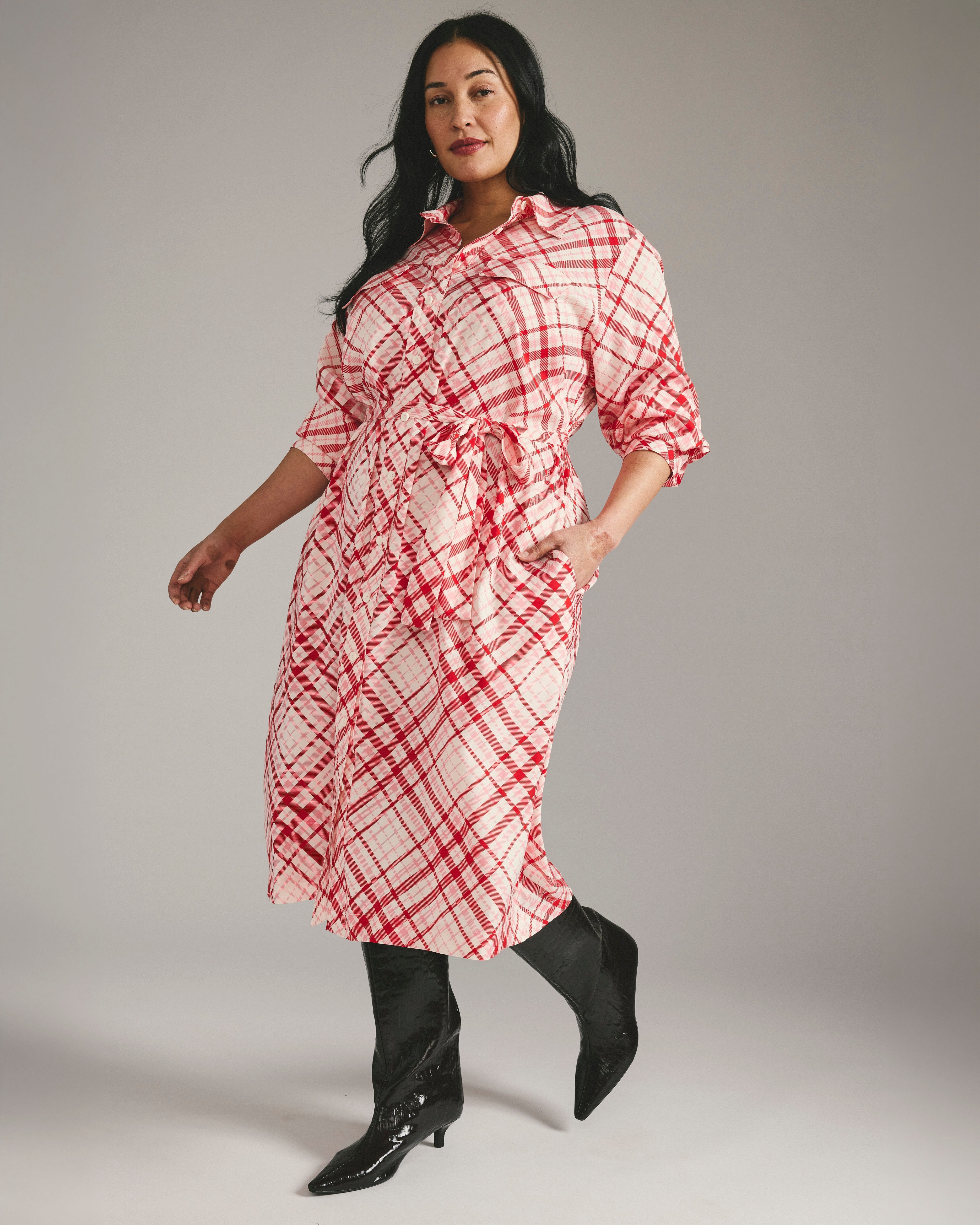 Cooling Stretch Cupro Savannah Dress - Red Plaid Print