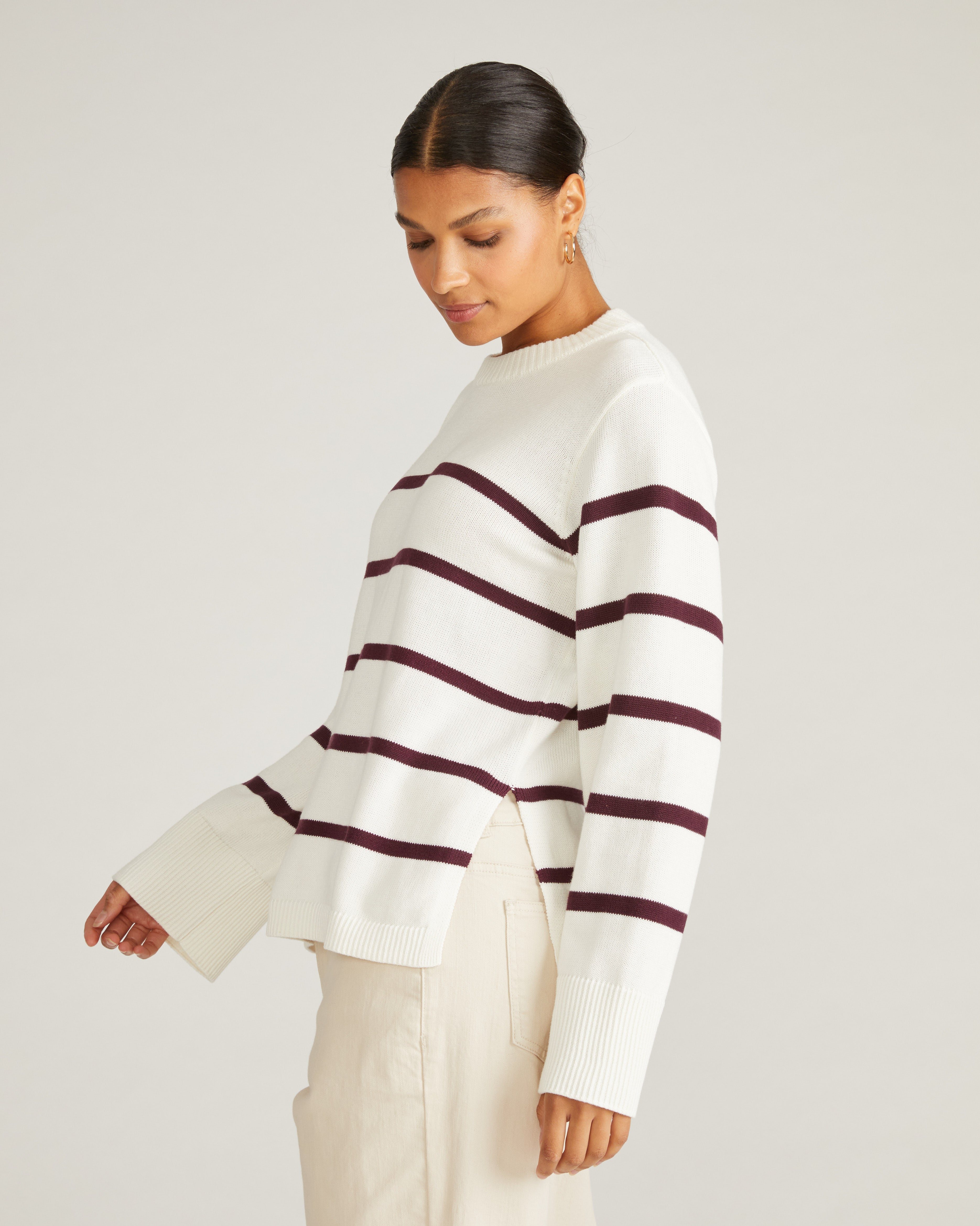 Bardot Wide Sleeve Cotton Sweater - Cream/Acai Stripe