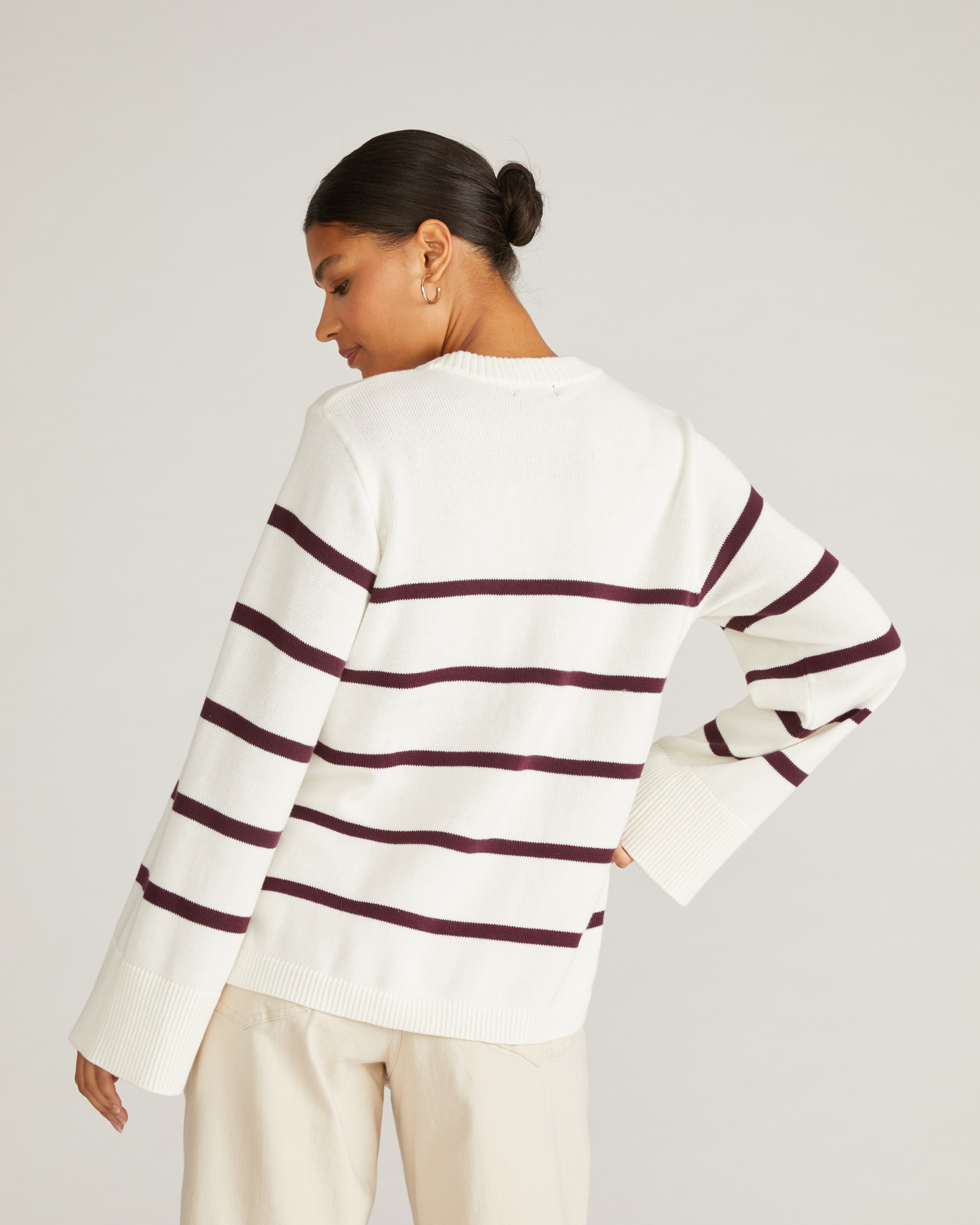 Bardot Wide Sleeve Cotton Sweater - Cream/Acai Stripe