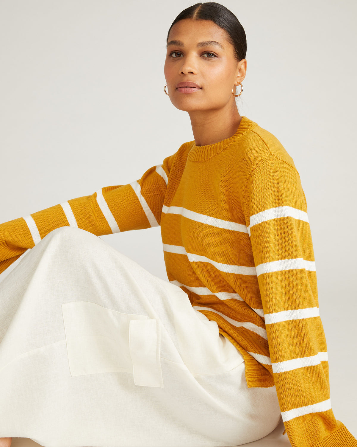 Bardot Wide Sleeve Cotton Sweater - Yellow Ochre/Cream Stripe