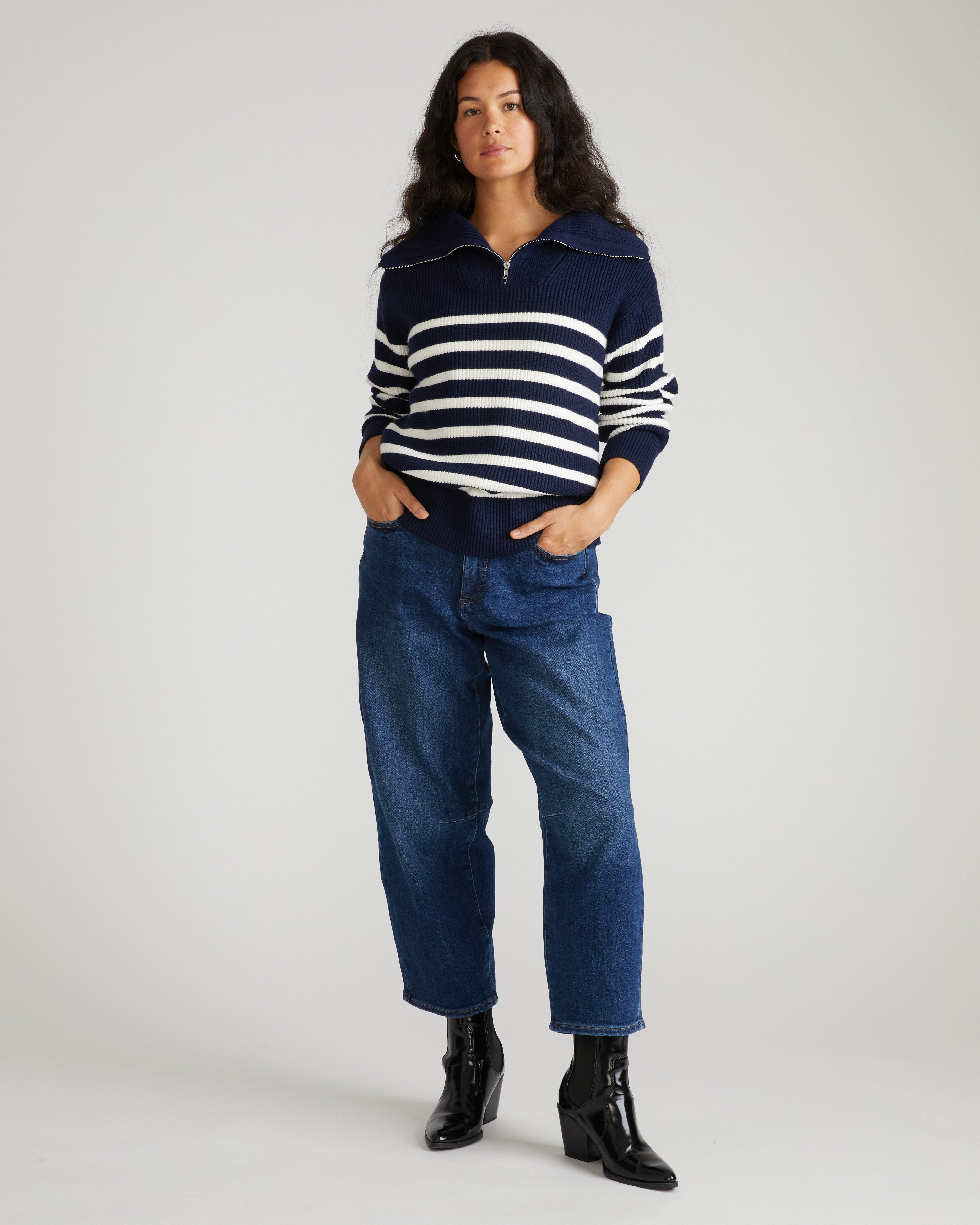 Brenda Zip Sweater - Navy/Cream Stripes