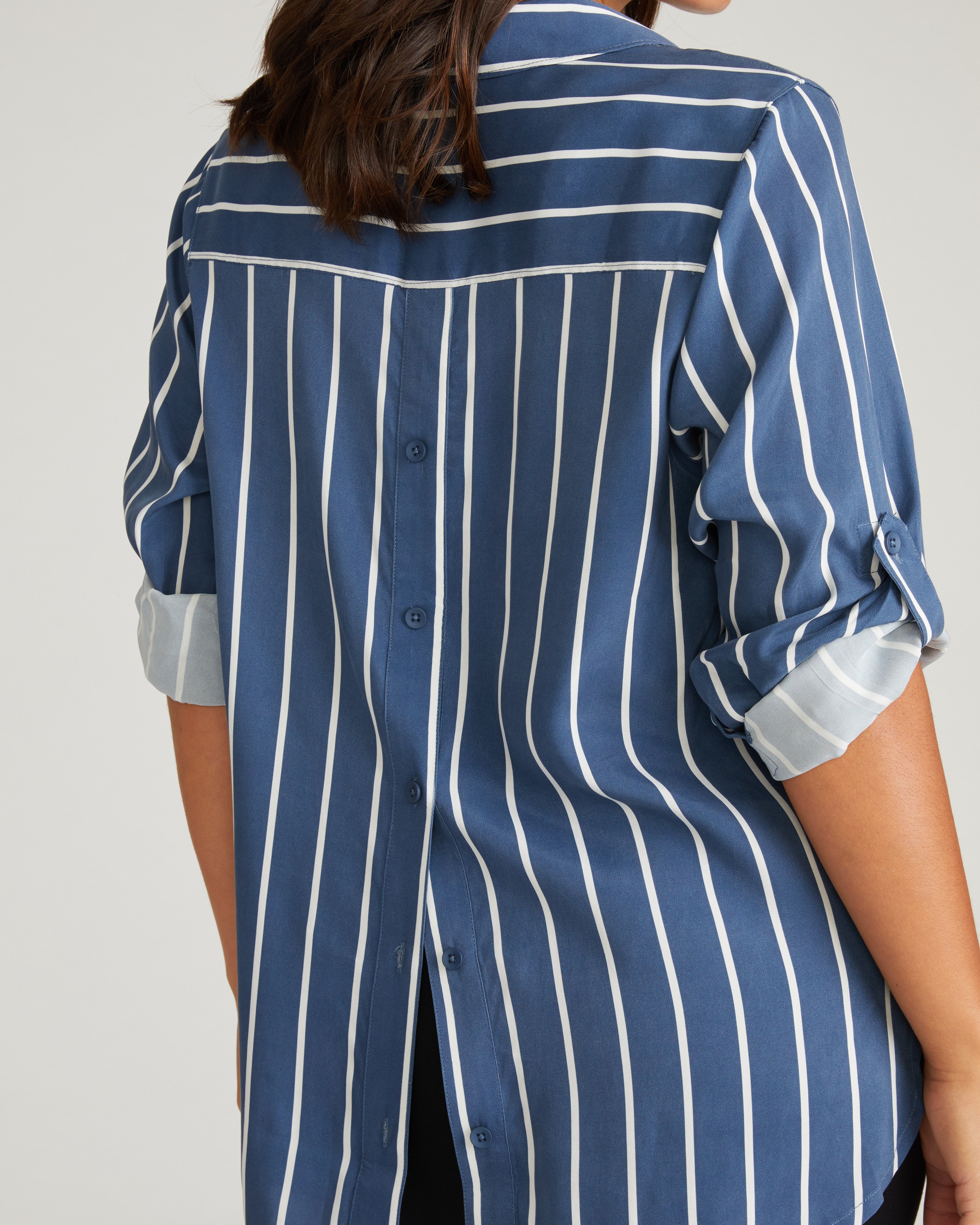 Button Back Stretch Cupro Polo Shirt - Ensign Blue/White Stripe