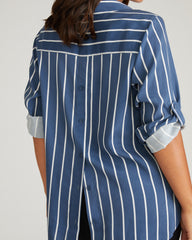 Button Back Stretch Cupro Polo Shirt - Ensign Blue/White Stripe